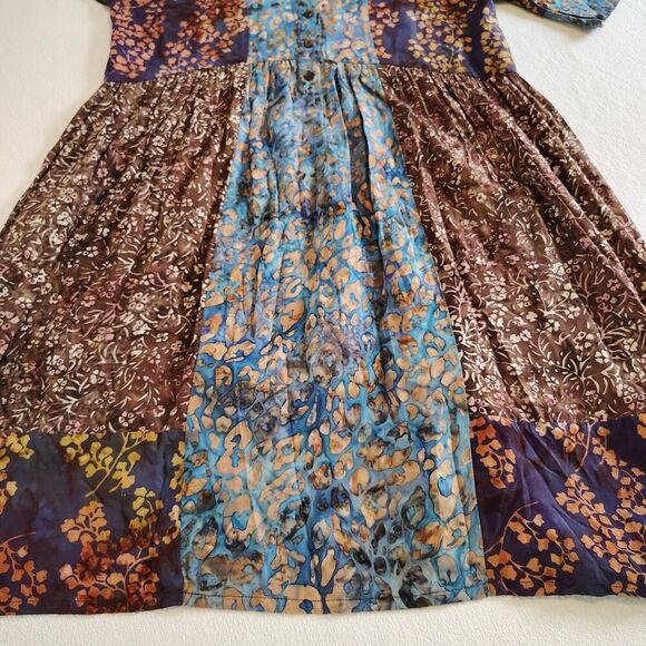 Boho Patchwork Tunic Dress Size M Blue Brown Floral Lagenlook Artsy - Picture 3 of 9